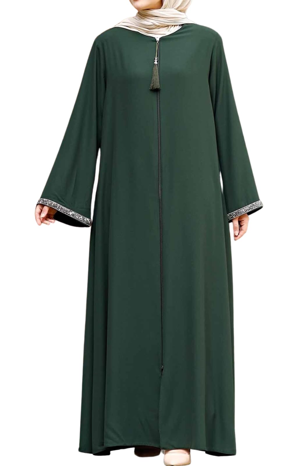 istanbul styles Women's Stone Sleeves Abaya Long Sleeve Floor Length Zipper Floor Length Turkey Islamic Fashion (Green, Medium)