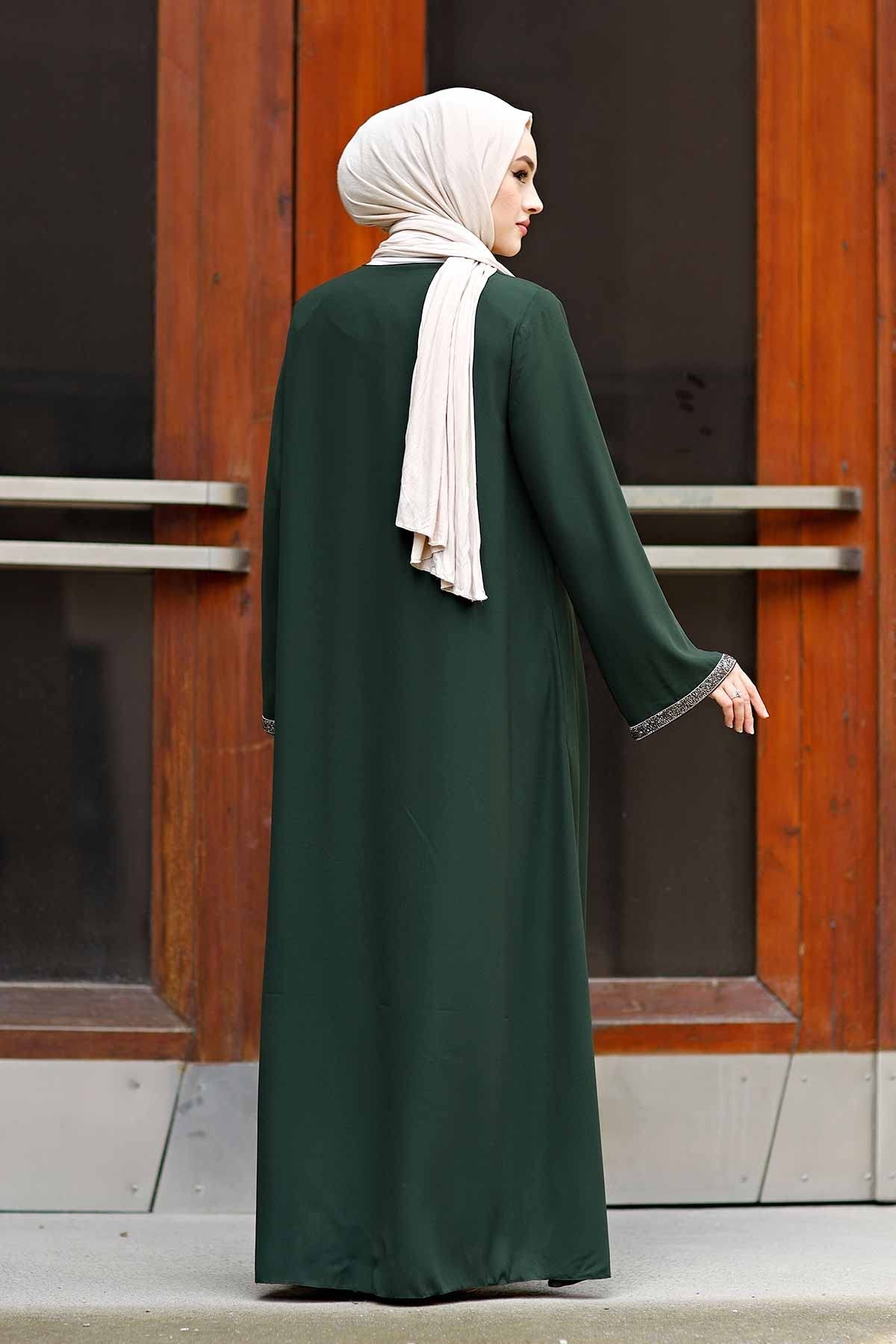 istanbul styles Women's Stone Sleeves Abaya Long Sleeve Floor Length Zipper Floor Length Turkey Islamic Fashion (Green, Medium)