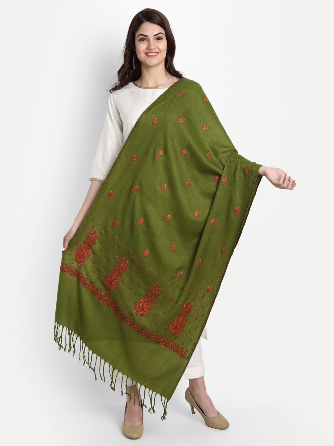 Zamour Kashmiri Embroidery Indian Paper Mache Pashmina Wool Shawl Stole Scarf for Women