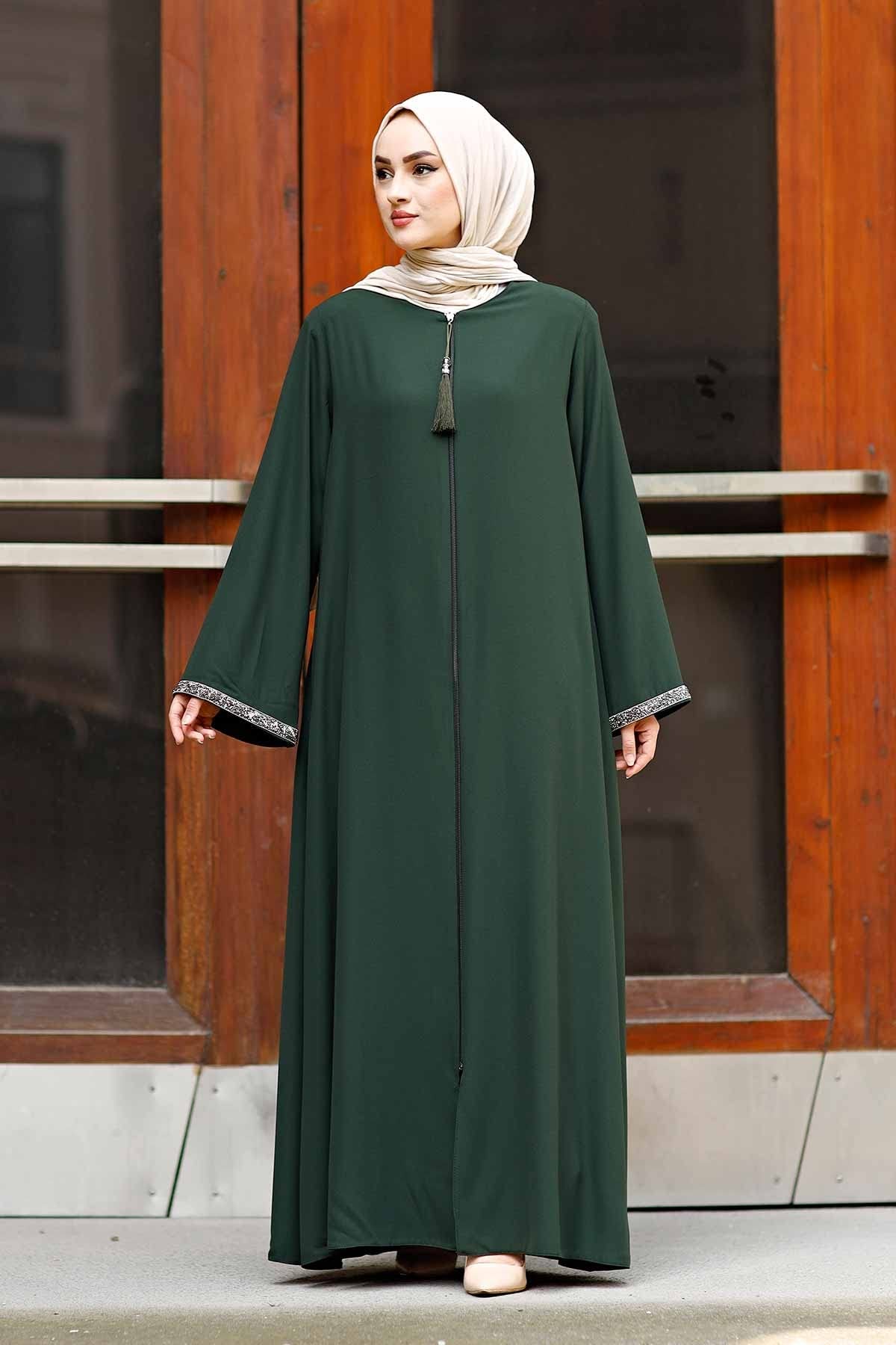 istanbul styles Women's Stone Sleeves Abaya Long Sleeve Floor Length Zipper Floor Length Turkey Islamic Fashion (Green, Medium)