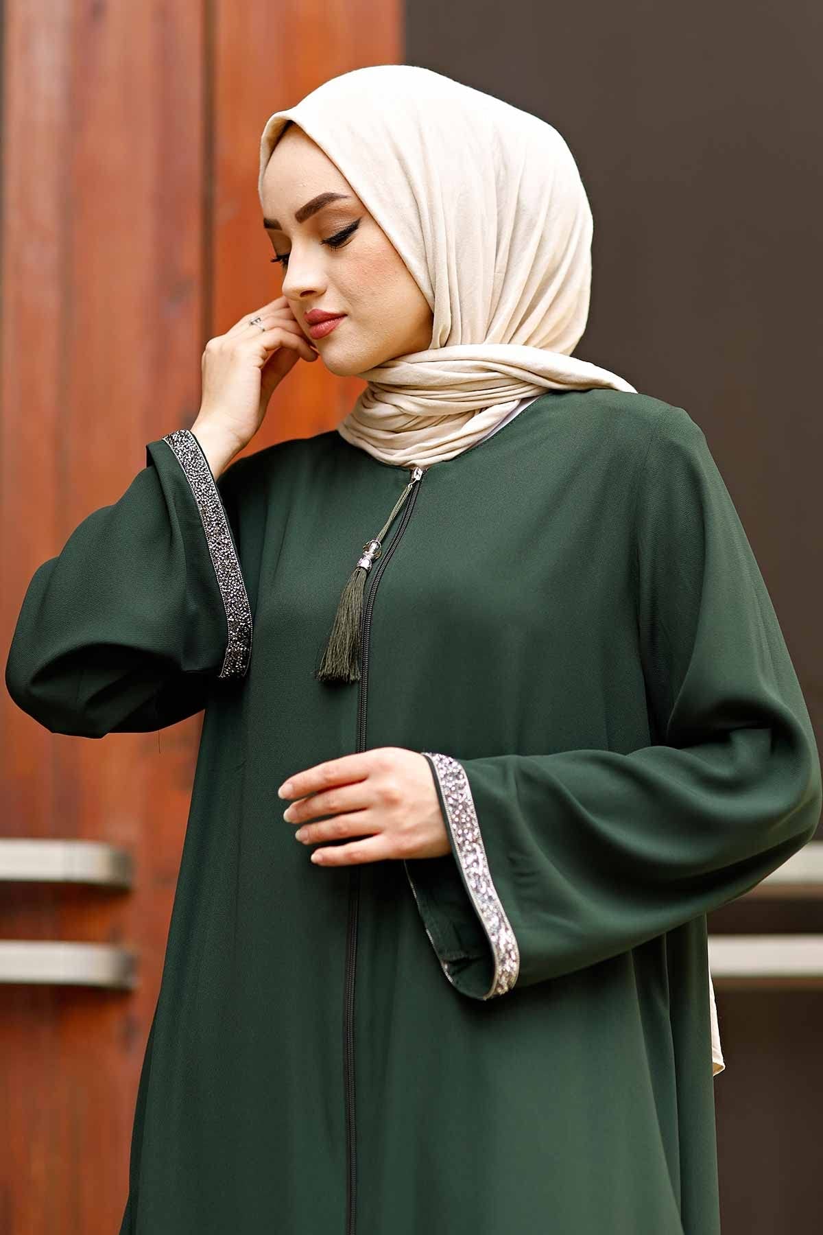 istanbul styles Women's Stone Sleeves Abaya Long Sleeve Floor Length Zipper Floor Length Turkey Islamic Fashion (Green, Medium)