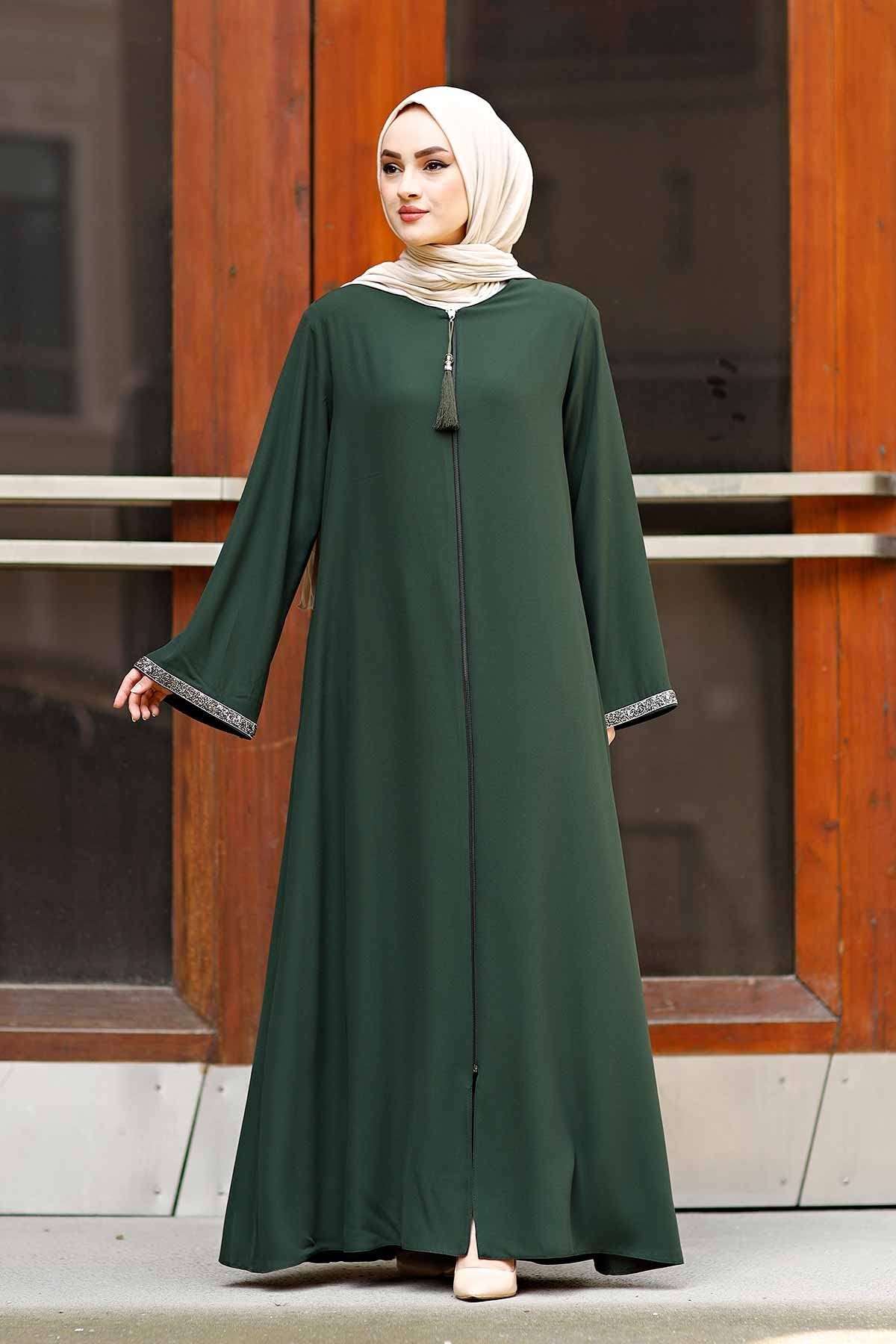 istanbul styles Women's Stone Sleeves Abaya Long Sleeve Floor Length Zipper Floor Length Turkey Islamic Fashion (Green, Medium)