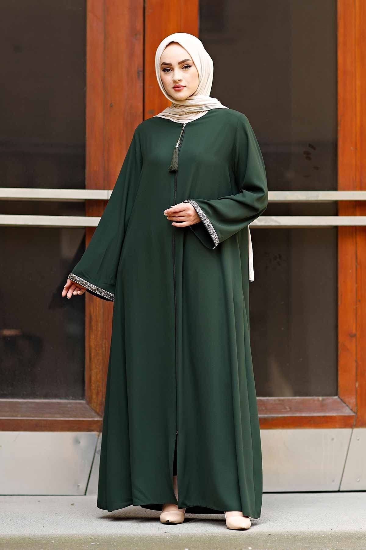 istanbul styles Women's Stone Sleeves Abaya Long Sleeve Floor Length Zipper Floor Length Turkey Islamic Fashion (Green, Medium)