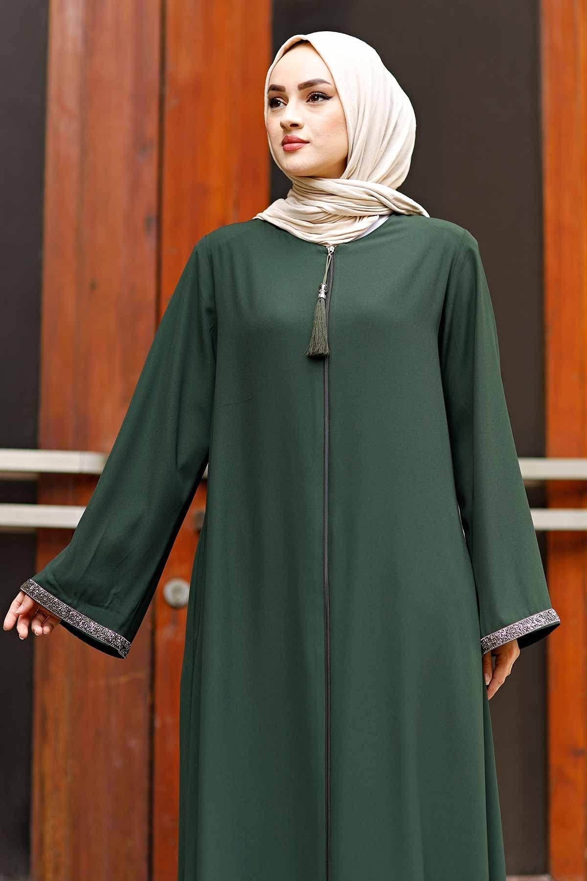 istanbul styles Women's Stone Sleeves Abaya Long Sleeve Floor Length Zipper Floor Length Turkey Islamic Fashion (Green, Medium)