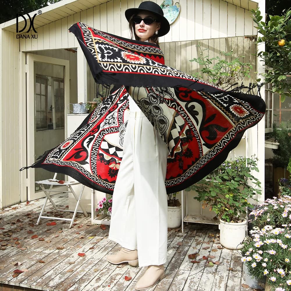 DANA XU 100% Merino Wool Extra Large Pashmina Blanket Travel Scarf Cashmere Wrap for Women Fall Winter Oversize Shawl Floral