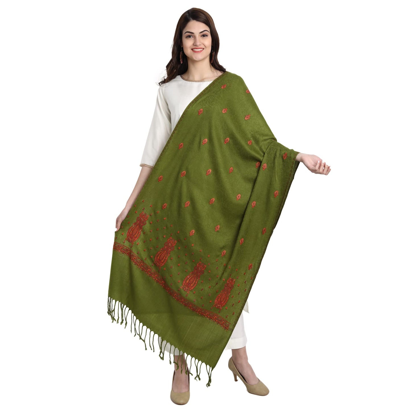 Zamour Kashmiri Embroidery Indian Paper Mache Pashmina Wool Shawl Stole Scarf for Women